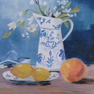 Still Life Fruit and Vase Painting – Original 12x12 Canvas Kitchen Wall Art